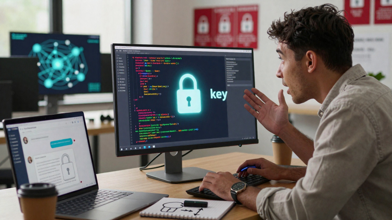 Man working on cybersecurity coding at desk with laptop and dual monitors showing lock and network graphics