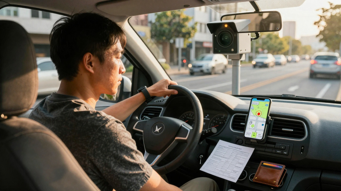 Man driving car with smartphone navigation and mounted camera on dashboard in daylight