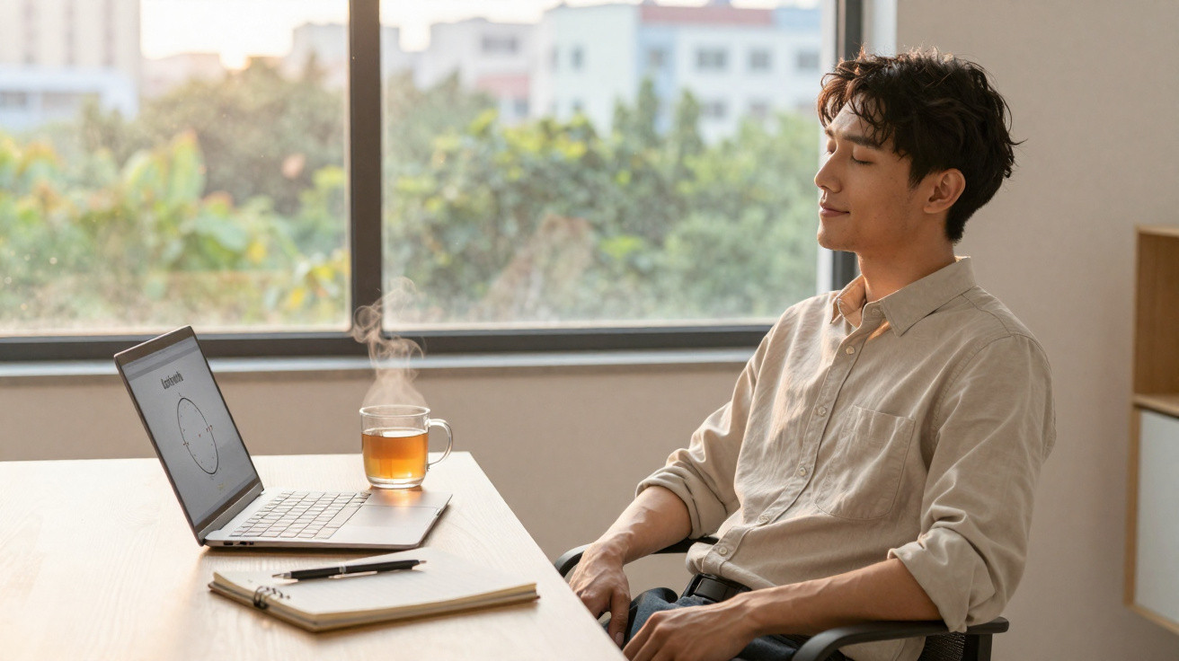 Young man sitting relaxed at a desk with a laptop, steaming cup of tea, and notebook near a window.