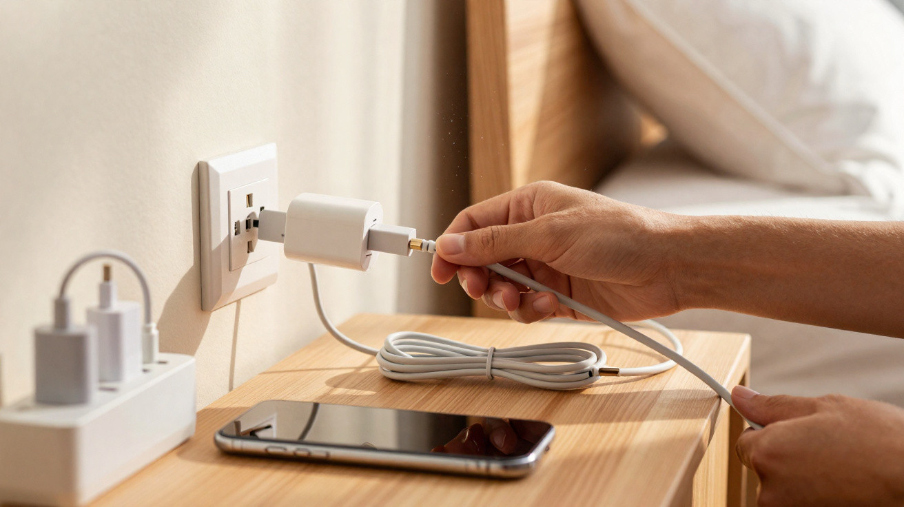 Person plugging a charging cable into a USB wall charger next to a smartphone on a wooden bedside table.