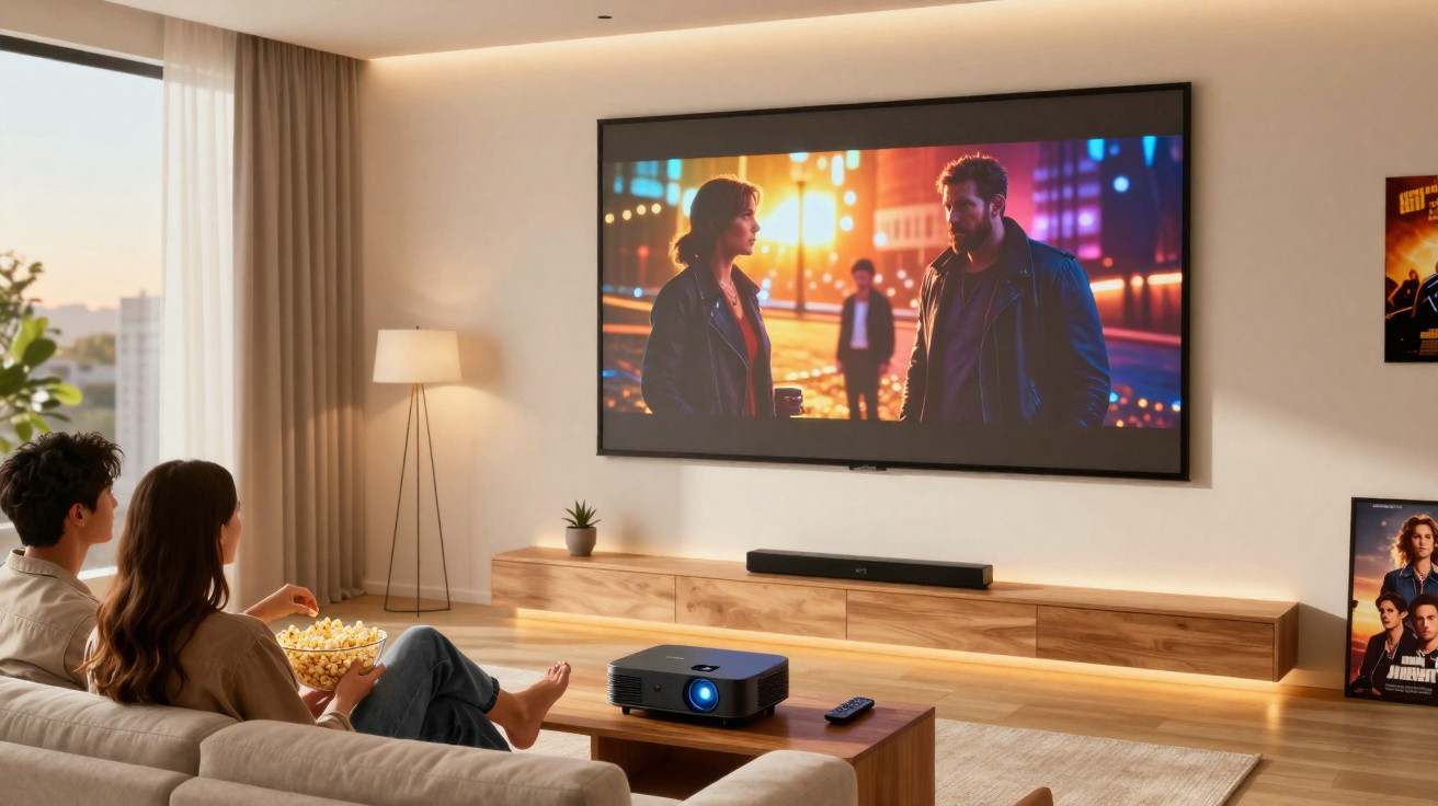 Couple sitting on sofa watching a movie projected on a wall in a cosy, modern living room.