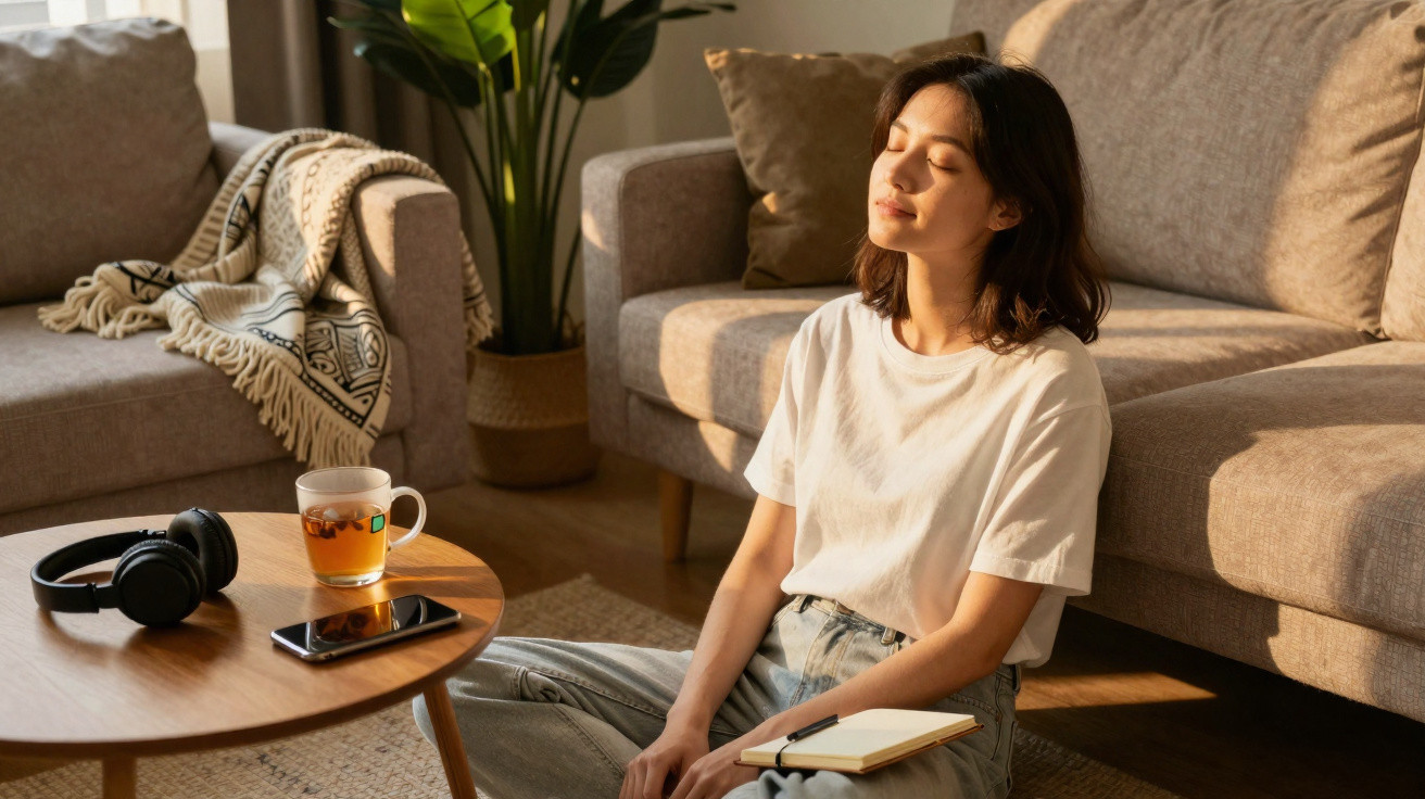 Young woman sitting on the floor in sunlight, meditating with eyes closed beside a coffee table with tea and headphones.