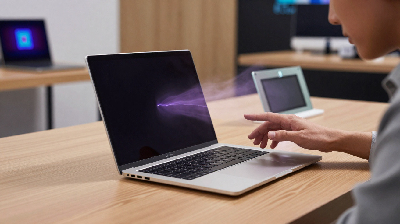Person interacting with a laptop emitting purple light from the screen on a wooden table.