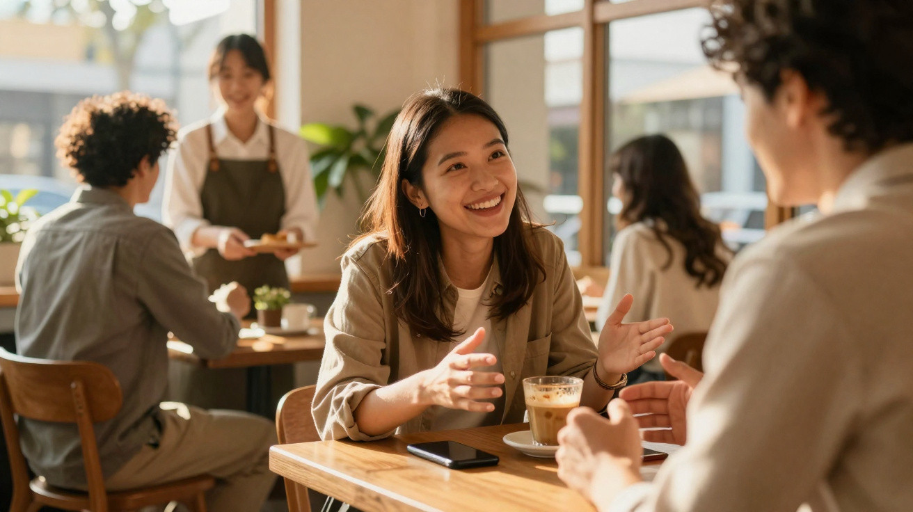 Two people smiling and chatting at a café table with drinks, while a server brings food in the background.