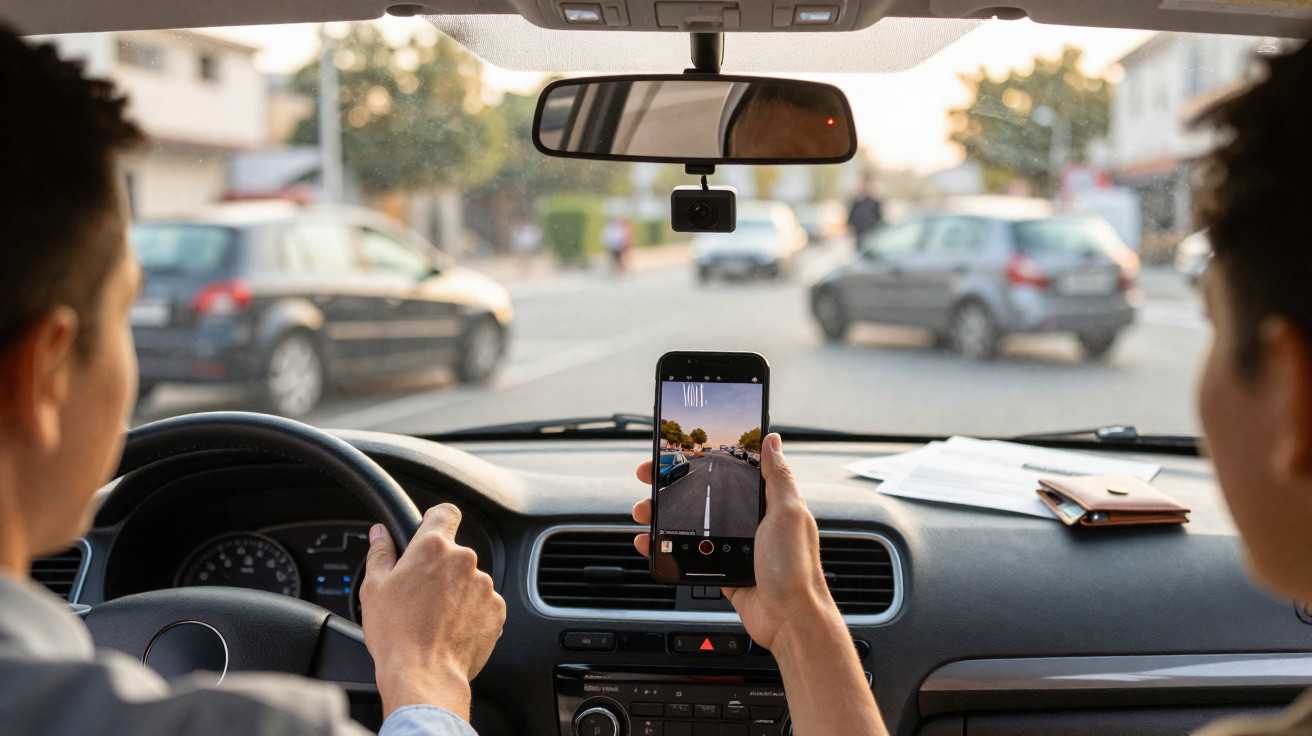 Two men in a car, one driving and the other recording the road ahead with a smartphone.