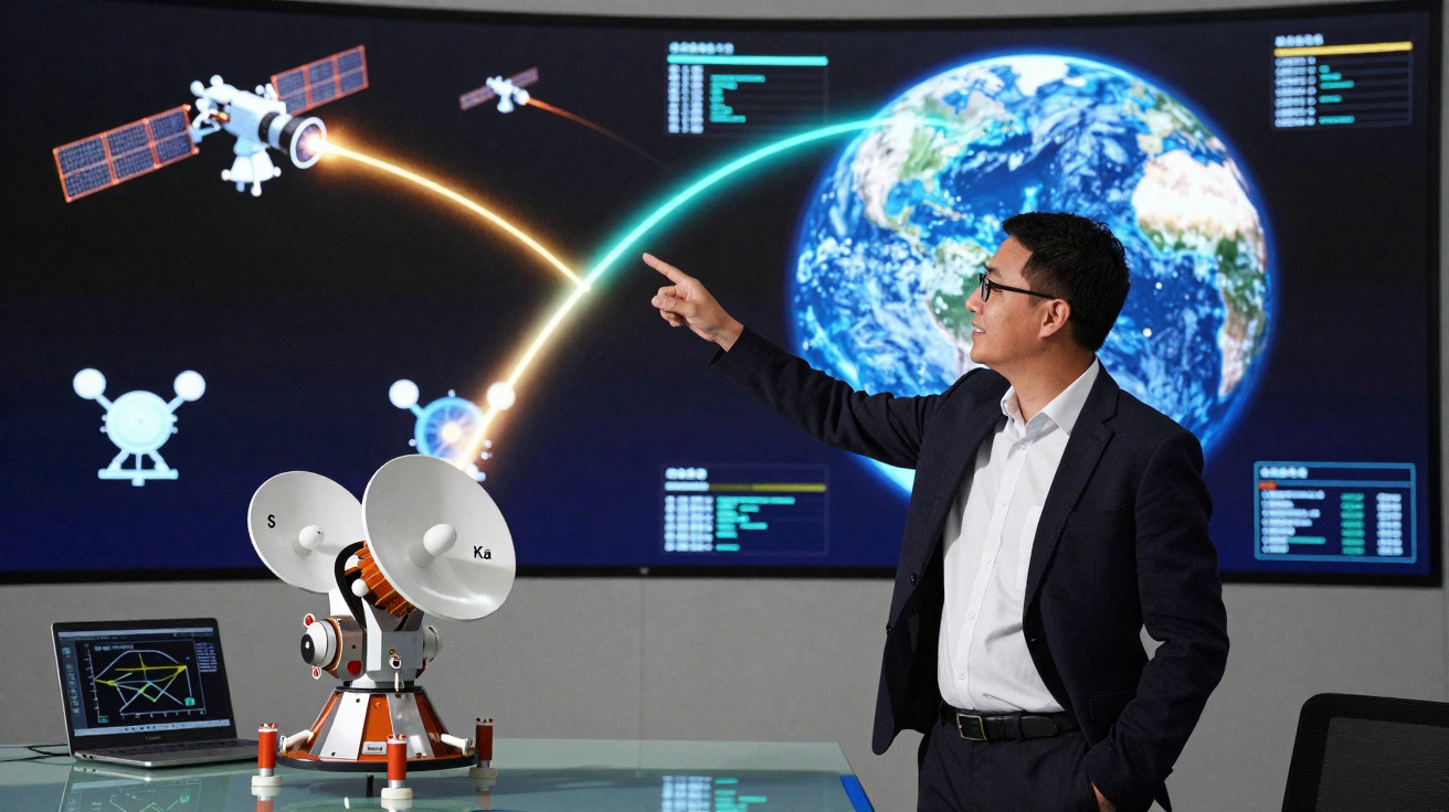 Man presenting satellite communication data with Earth graphics on screen and satellite model on table.
