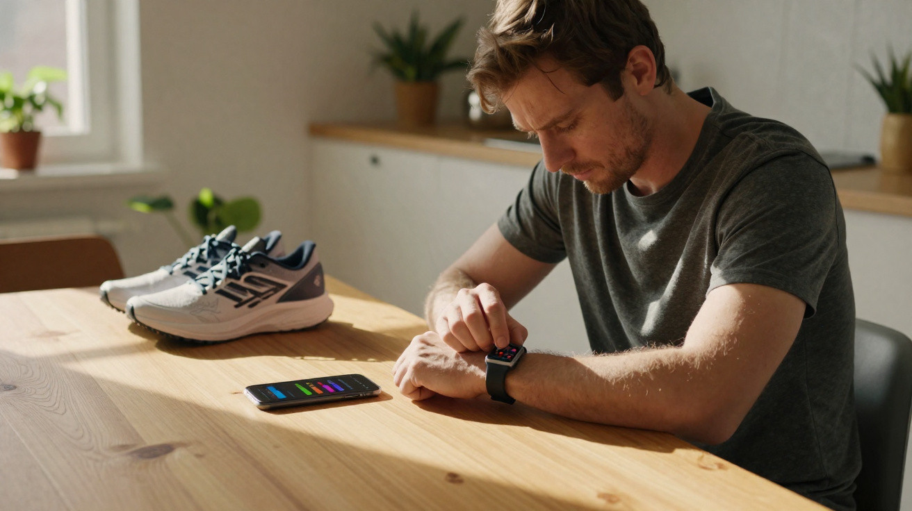 Man sitting at a table adjusting a fitness smartwatch with running shoes and phone nearby in a bright room