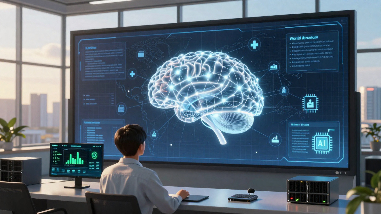 Child analysing digital brain model on large screen in modern office with computer and city view window.