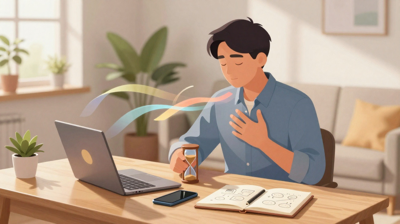 Man holding an hourglass and placing hand on chest, sitting at a desk with laptop, notebook, and smartphone.