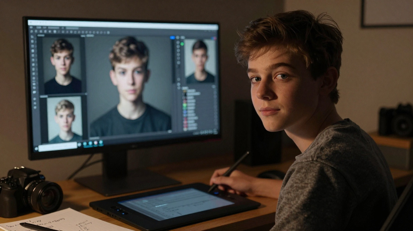 Teenage boy working on photo editing with a graphics tablet and computer in a dimly lit room.
