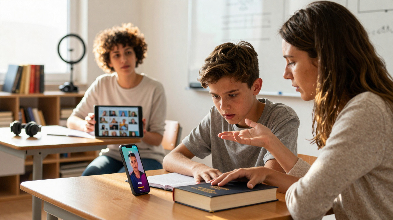 Teacher and student engaged in hybrid learning with a video call on smartphone and a tablet in a classroom.