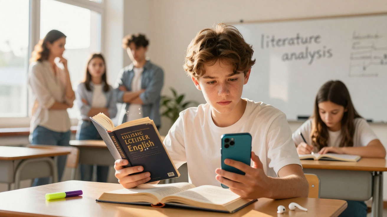 Teenage boy distracted by smartphone while reading an English book in a classroom with other students and teacher.