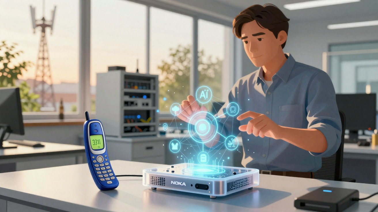 Man interacting with a holographic AI interface projecting from a Nokia device on a desk in a modern office.