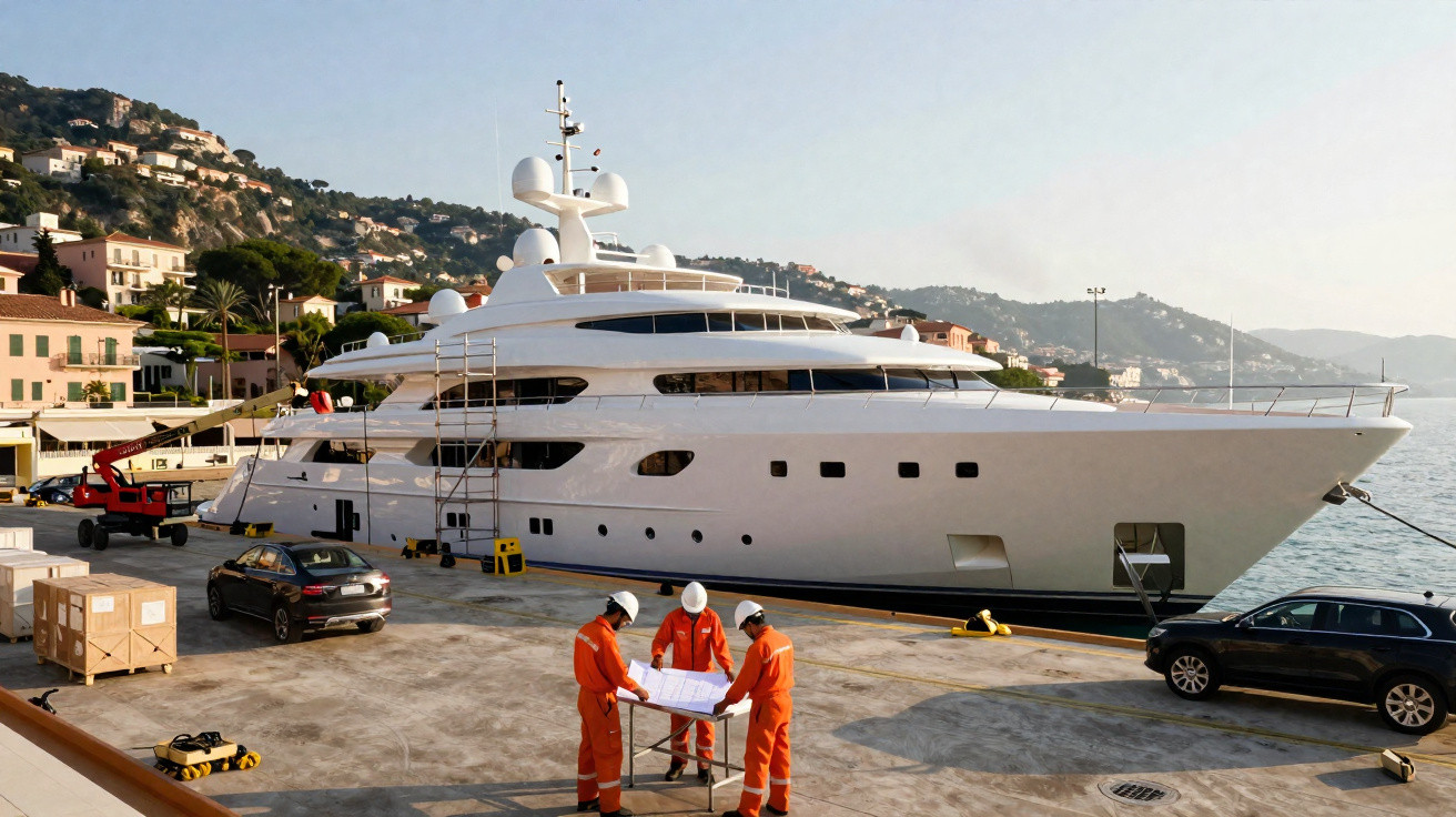 Three workers in orange safety suits examining plans near a large white yacht docked at a harbour.