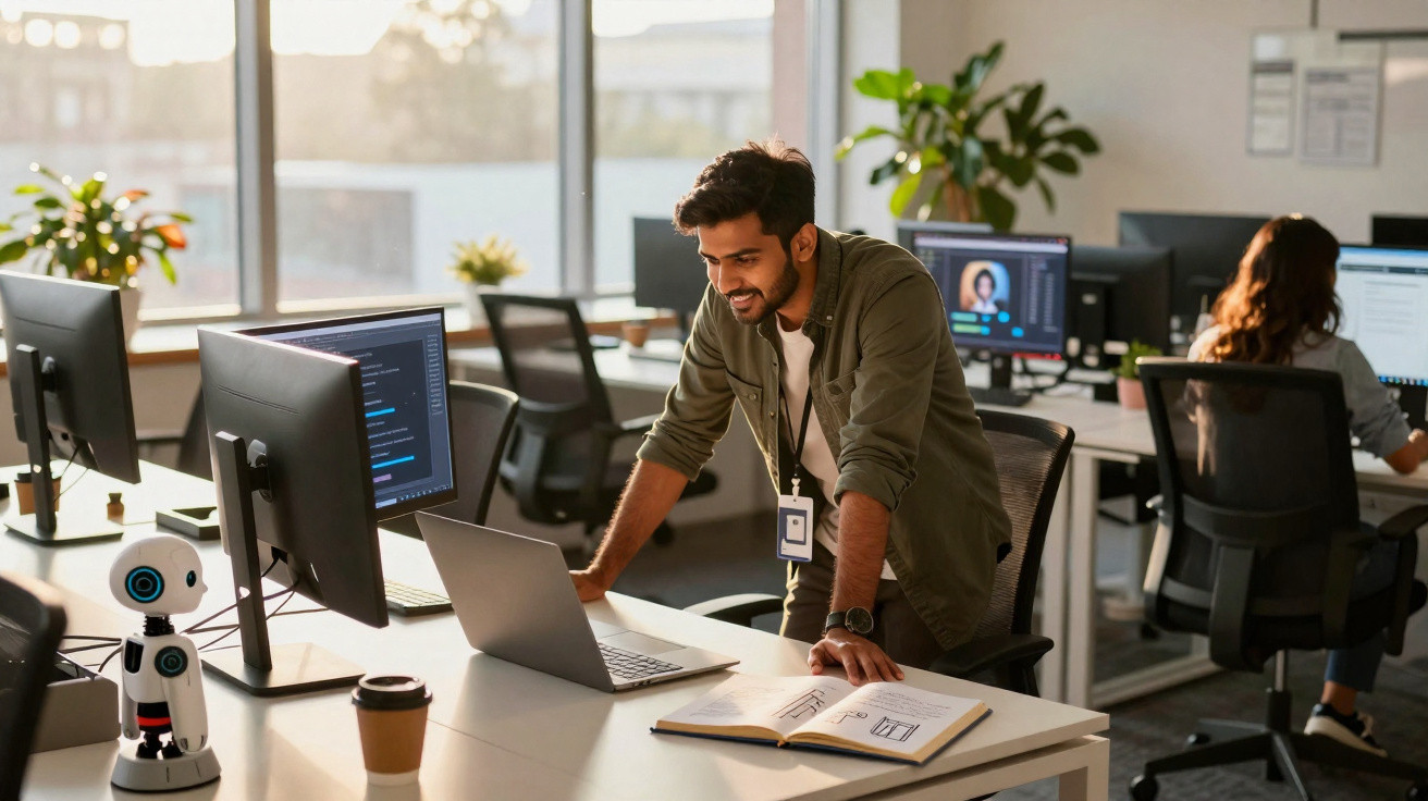 Young man working on laptop at desk in modern office with computer screens and robot figure nearby.