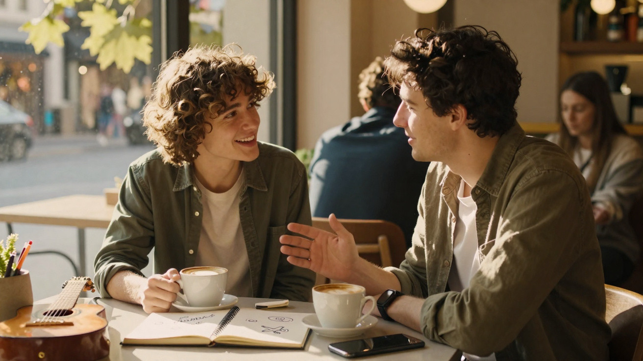Two young men chatting over coffee with a notebook and ukulele on the table in a sunlit café.