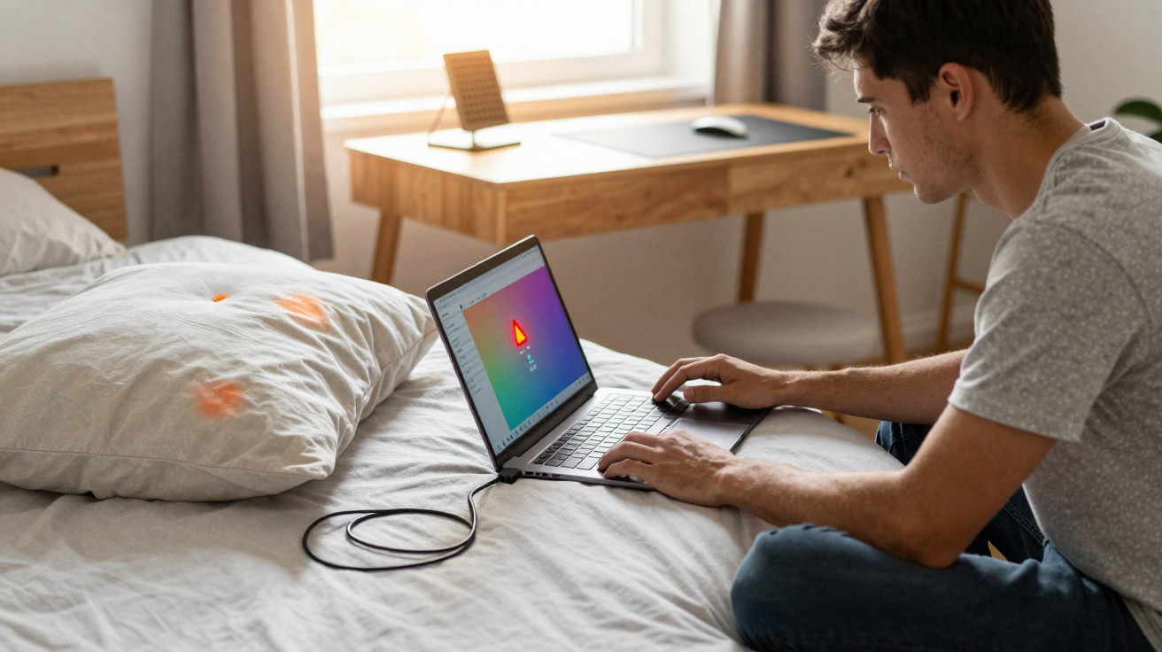 Young man using a laptop showing a colourful design on a bed in a bright bedroom.