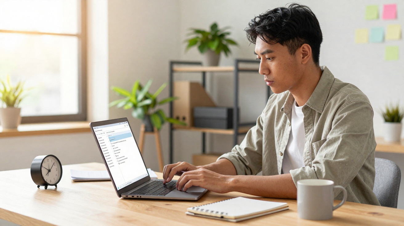 Young man typing on laptop at wooden desk with notebook, coffee mug, alarm clock, and plants in bright room.