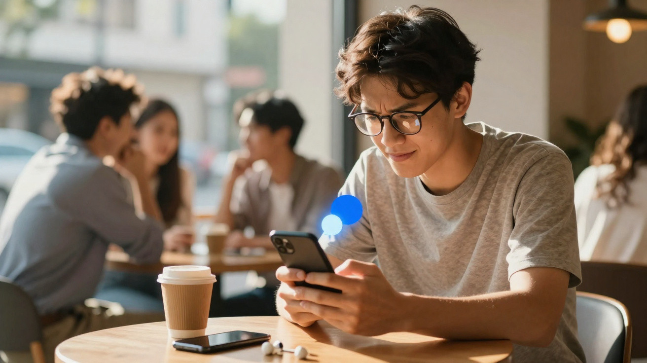 Young man wearing glasses using smartphone at café table with coffee cup and wireless earbuds on table