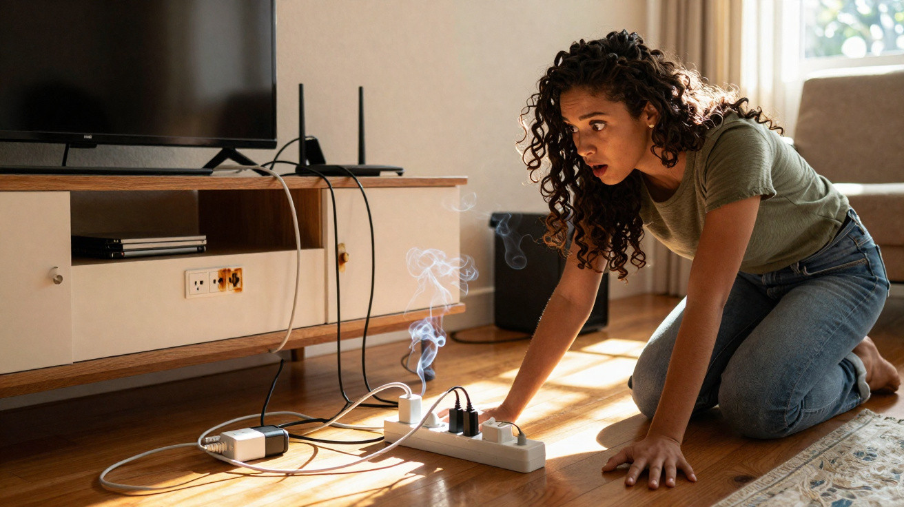 Woman looks shocked as smoke rises from overloaded power strip on wooden floor in living room.