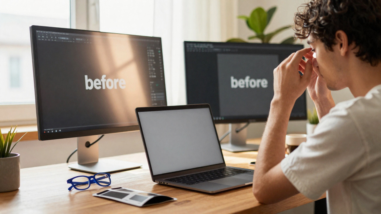 Person sitting at a desk with two monitors displaying the word "before" and a closed laptop in front.