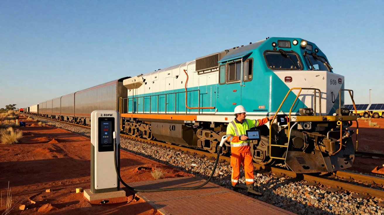 Worker in safety gear charging a modern turquoise and white train on red dirt railway in desert.