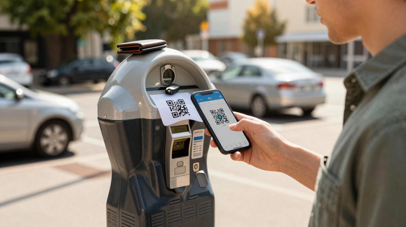 Person scanning QR code on parking meter with smartphone in sunny outdoor parking lot.