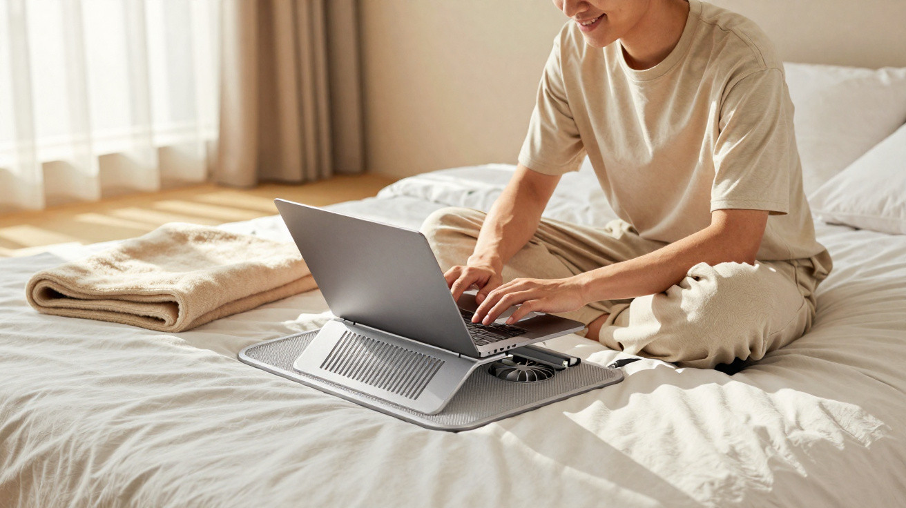 Person using a laptop on a bed with a cooling stand in a sunlit bedroom with folded blanket nearby.