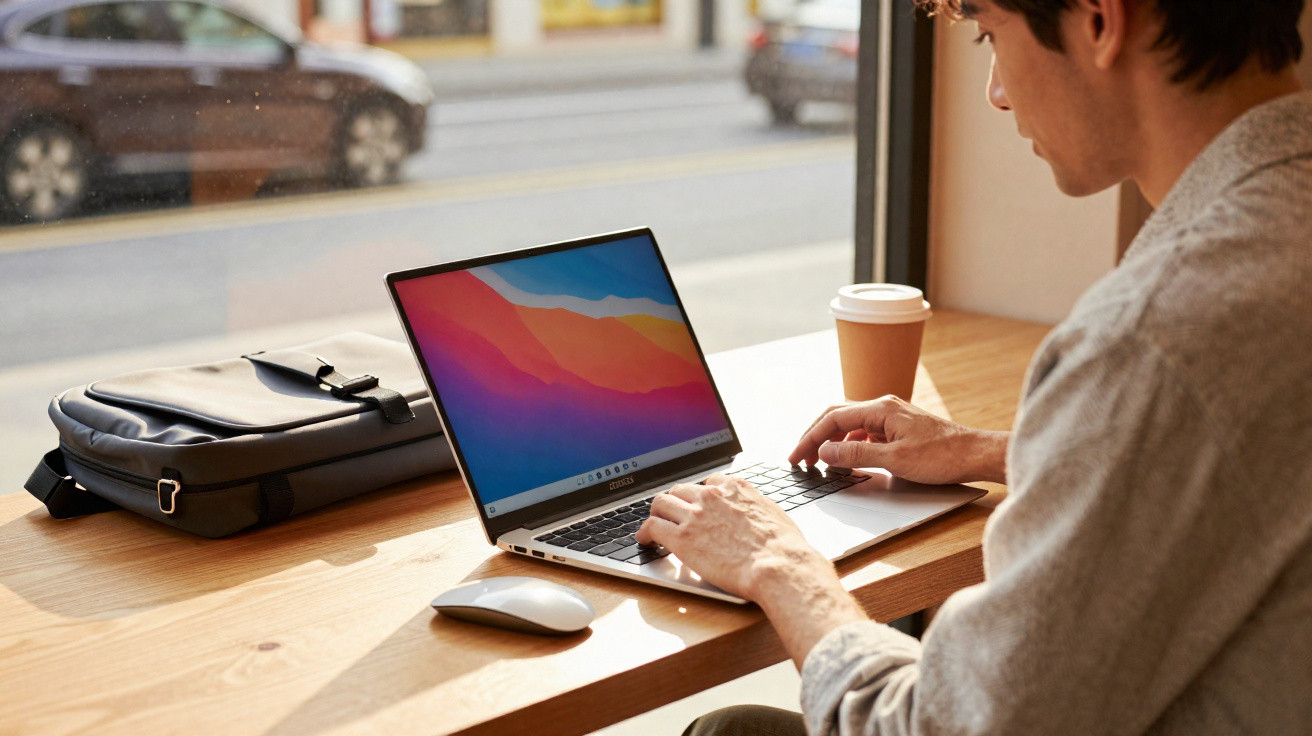 Person typing on a laptop at a wooden desk with a coffee cup, mouse, and bag near a window showing street view.