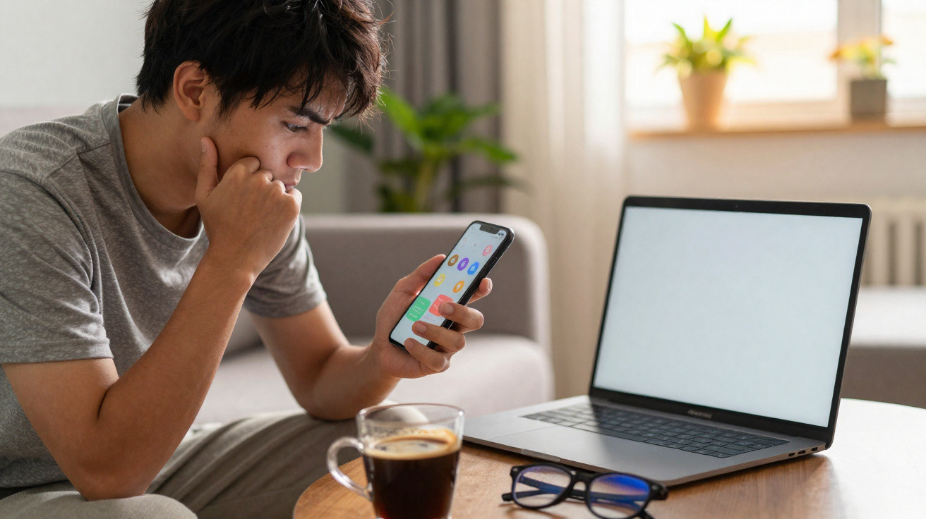 Young man sitting on a sofa using a smartphone with a laptop, coffee, and glasses on the table in a bright room.
