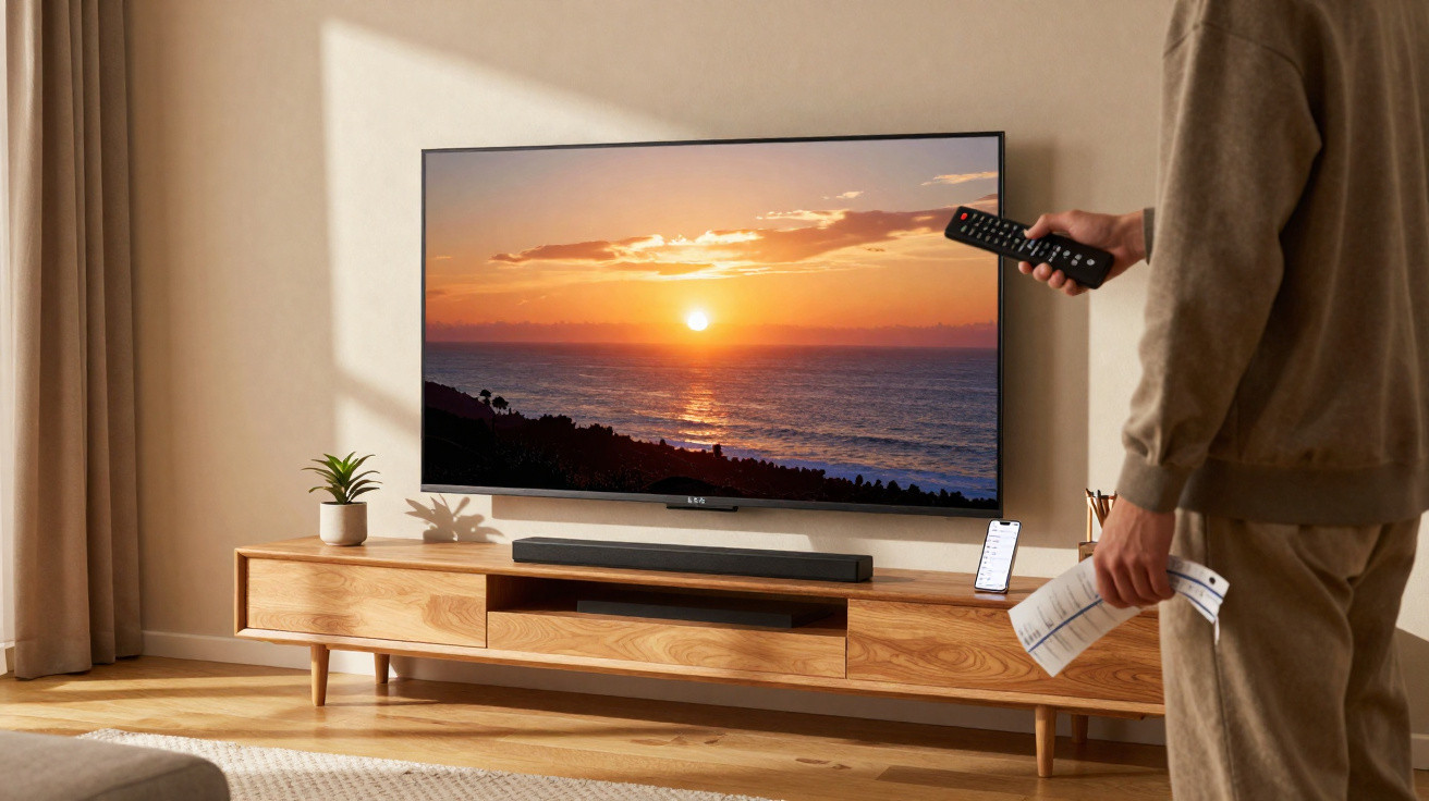 Person holding remote and paper in living room with sunset ocean scene on flat-screen TV on wooden stand
