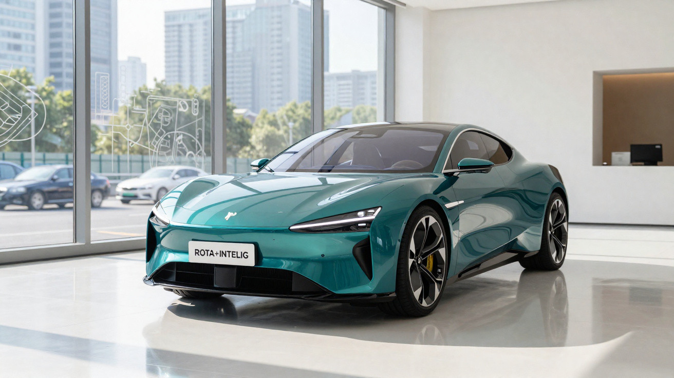 Sleek green electric sports car displayed in a bright showroom with large windows and city view outside.