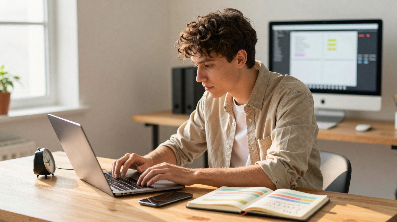 Young man typing on laptop at wooden desk with open notebook, smartphone, and alarm clock in bright room.