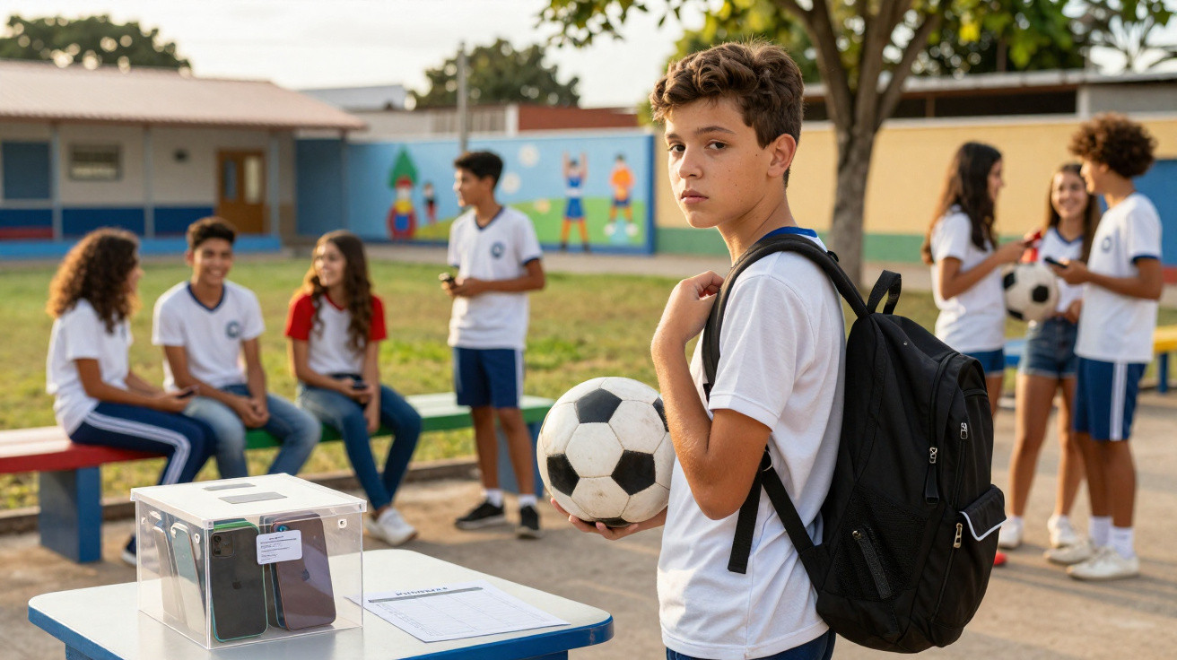 Schoolboy holding a football and wearing a backpack, standing by a table with a clear box and students in the background.