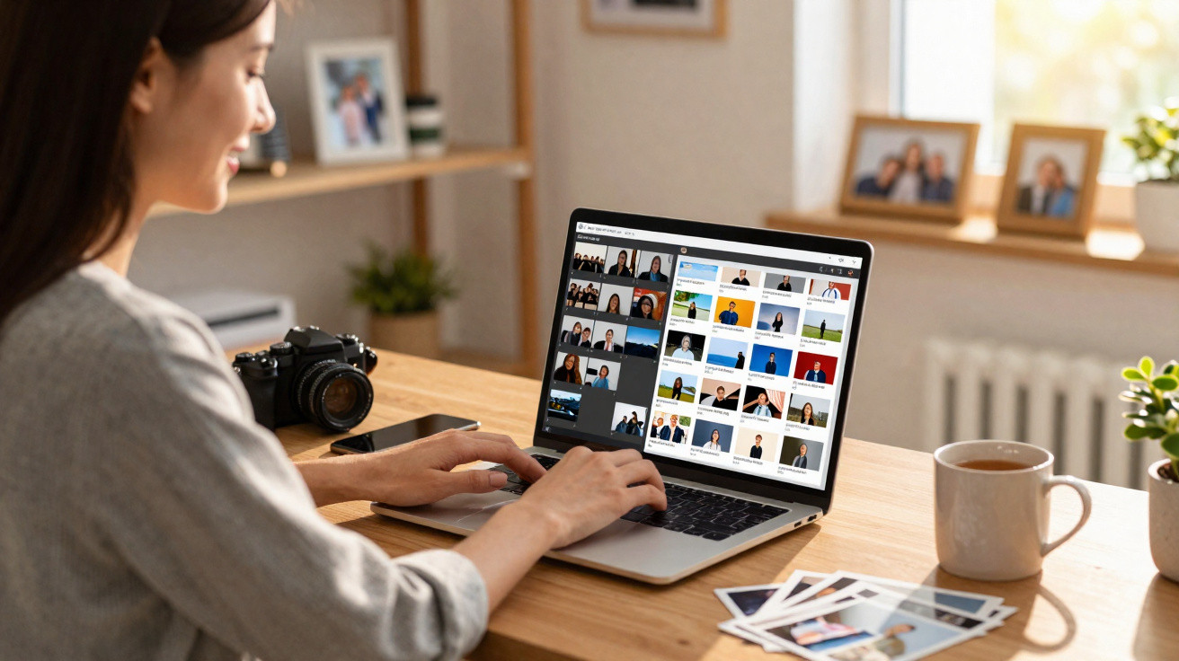 Woman editing portrait photos on a laptop at a wooden desk with a camera, coffee, and photo prints nearby.