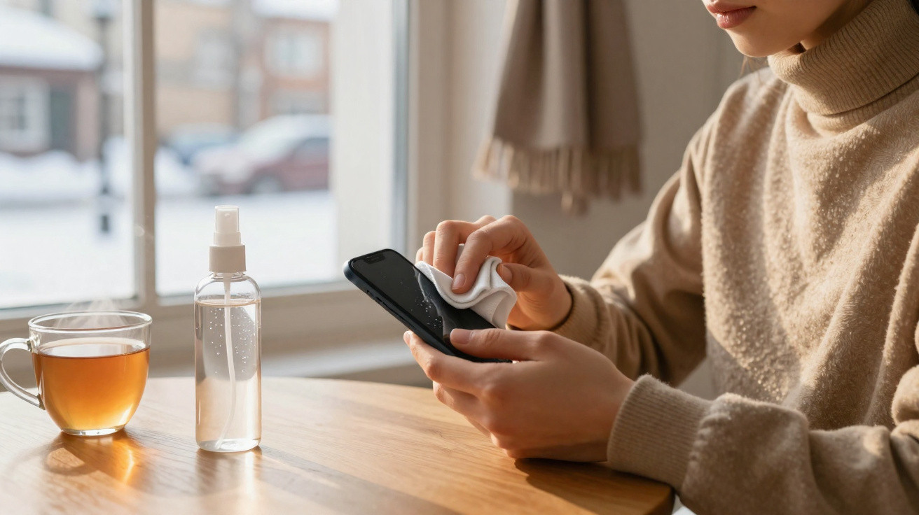 Person cleaning a smartphone screen with a cloth at a wooden table next to a cup of tea and spray bottle.
