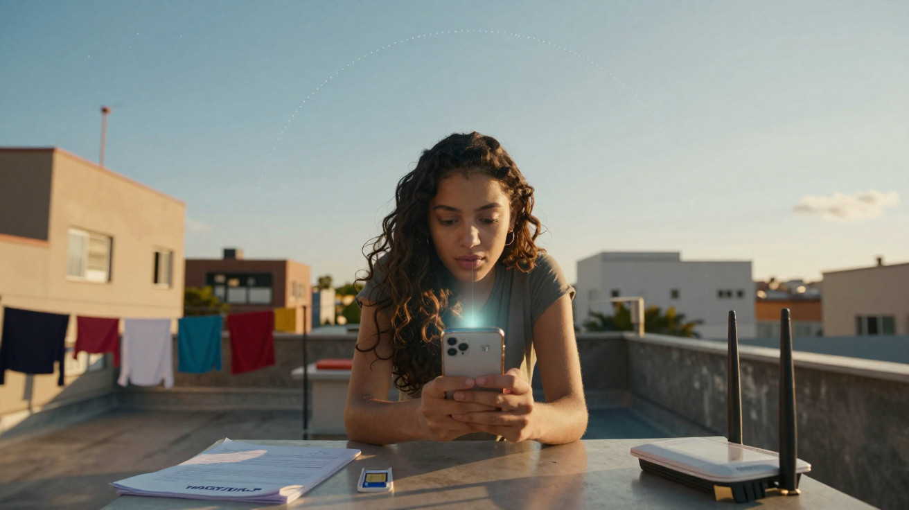 Young woman using smartphone on rooftop table with documents, modem, and clothes hanging in background at sunset.