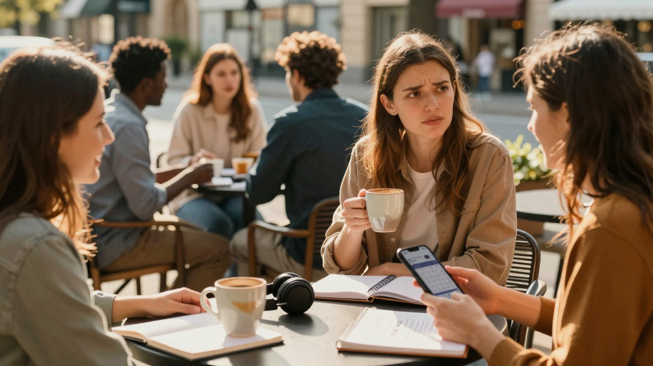 Group of young adults having coffee and studying together at an outdoor cafe table on a sunny day.