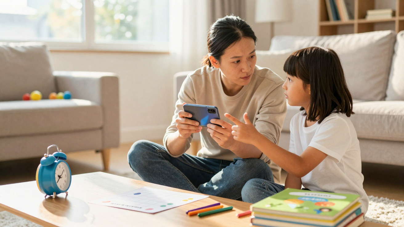 Mother and daughter sitting on the floor, using a phone and discussing while surrounded by books and coloured pencils.