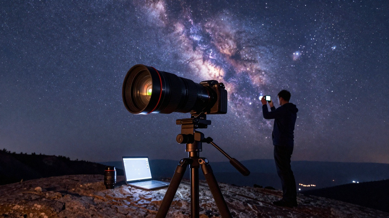 Camera on tripod and open laptop on rocky ground with person photographing Milky Way galaxy at night.
