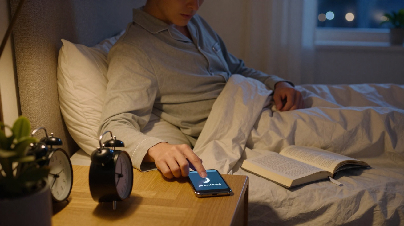 Person in bed wearing pajamas reaching for a smartphone displaying "Do Not Disturb" next to an open book.