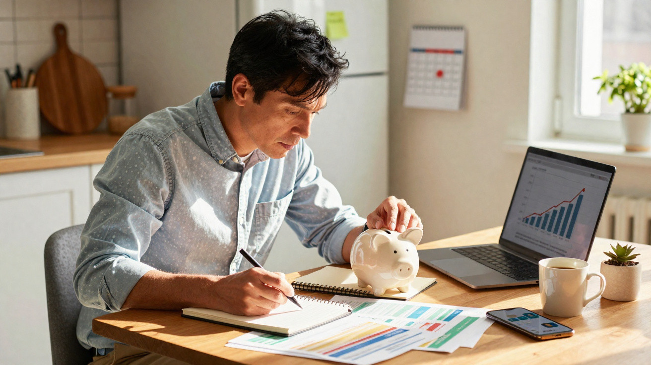 Man analysing finances with piggy bank, charts, and laptop showing rising graph at wooden table in bright room