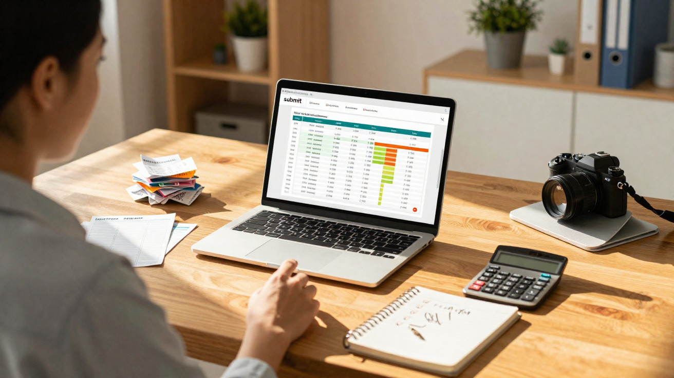 Person working at a desk with a laptop displaying data, a notepad, calculator, camera, and receipts.