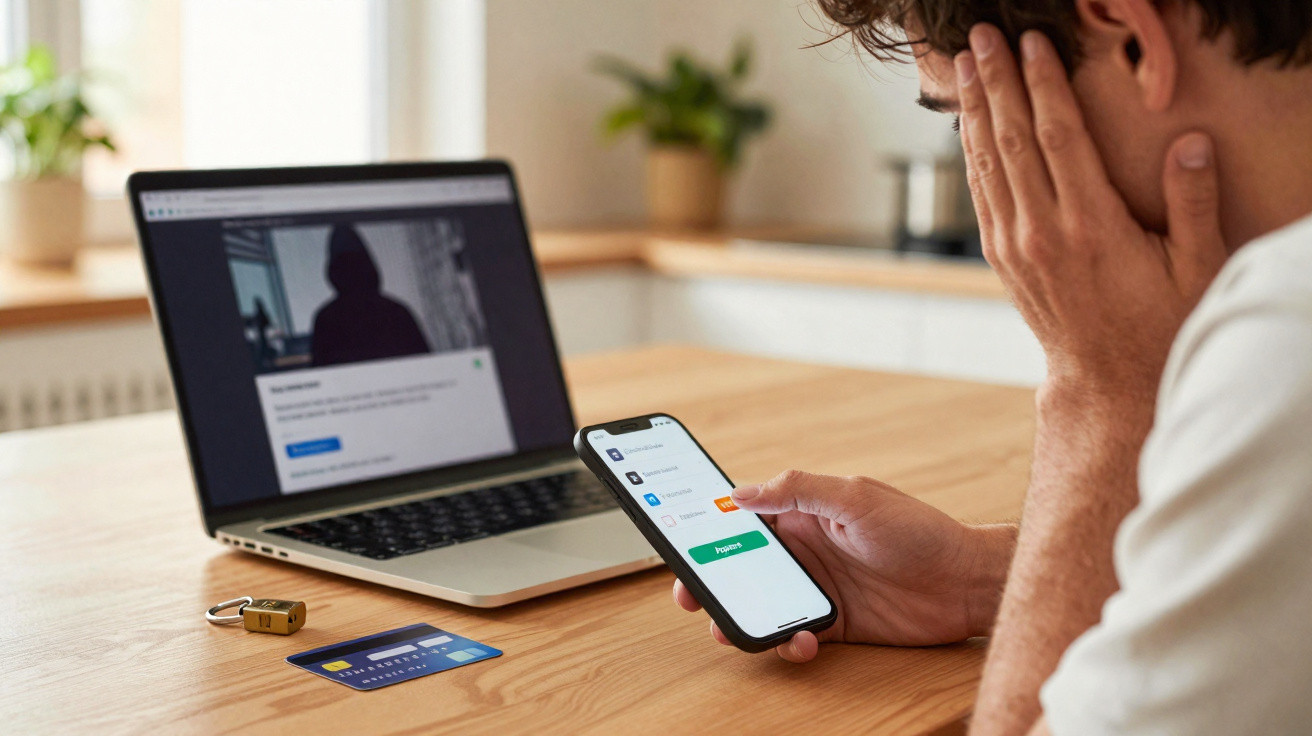Man looking worried at phone showing security alert, laptop with hack warning, card and padlock on table.