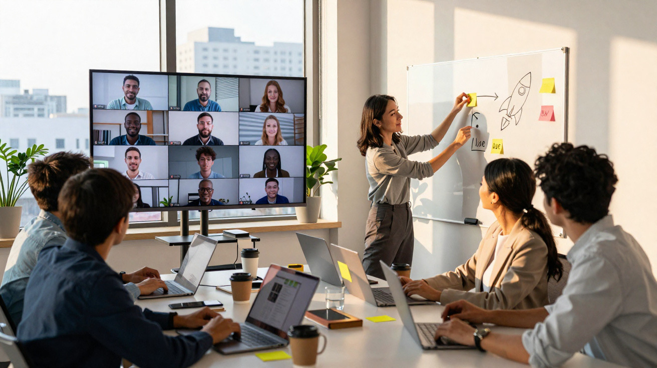 A woman presents a rocket drawing on a whiteboard to colleagues and remote workers on a video call in a modern office.