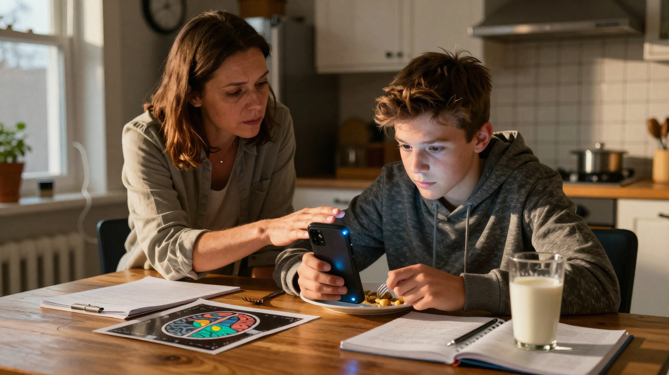 Woman helping teenage boy with homework as he looks at a smartphone in a kitchen at a wooden table