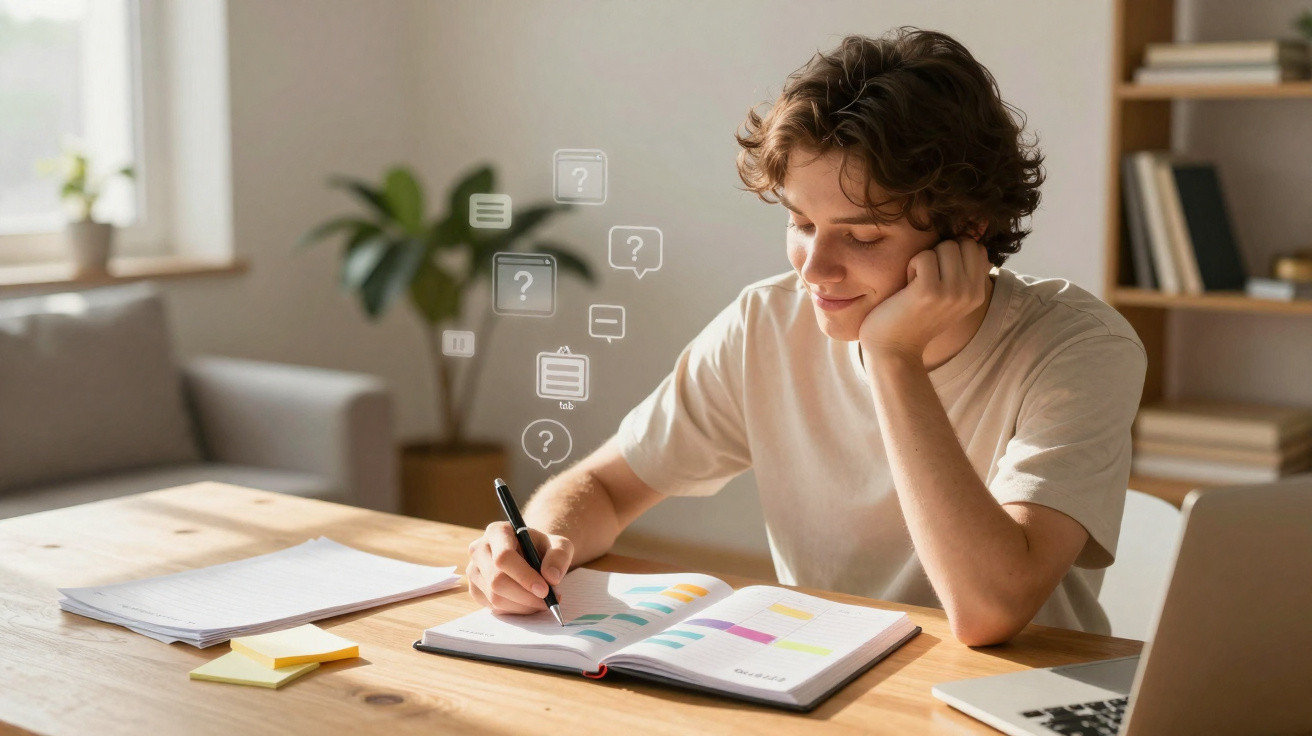 Young man writing in notebook with paper, sticky notes, and laptop on wooden table in bright room