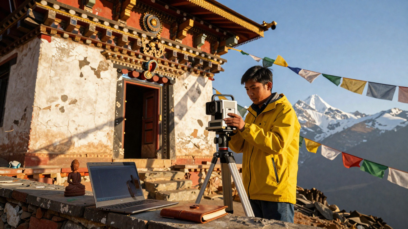 Man in yellow jacket using surveying equipment near traditional temple with prayer flags and snow-capped mountains in backgro
