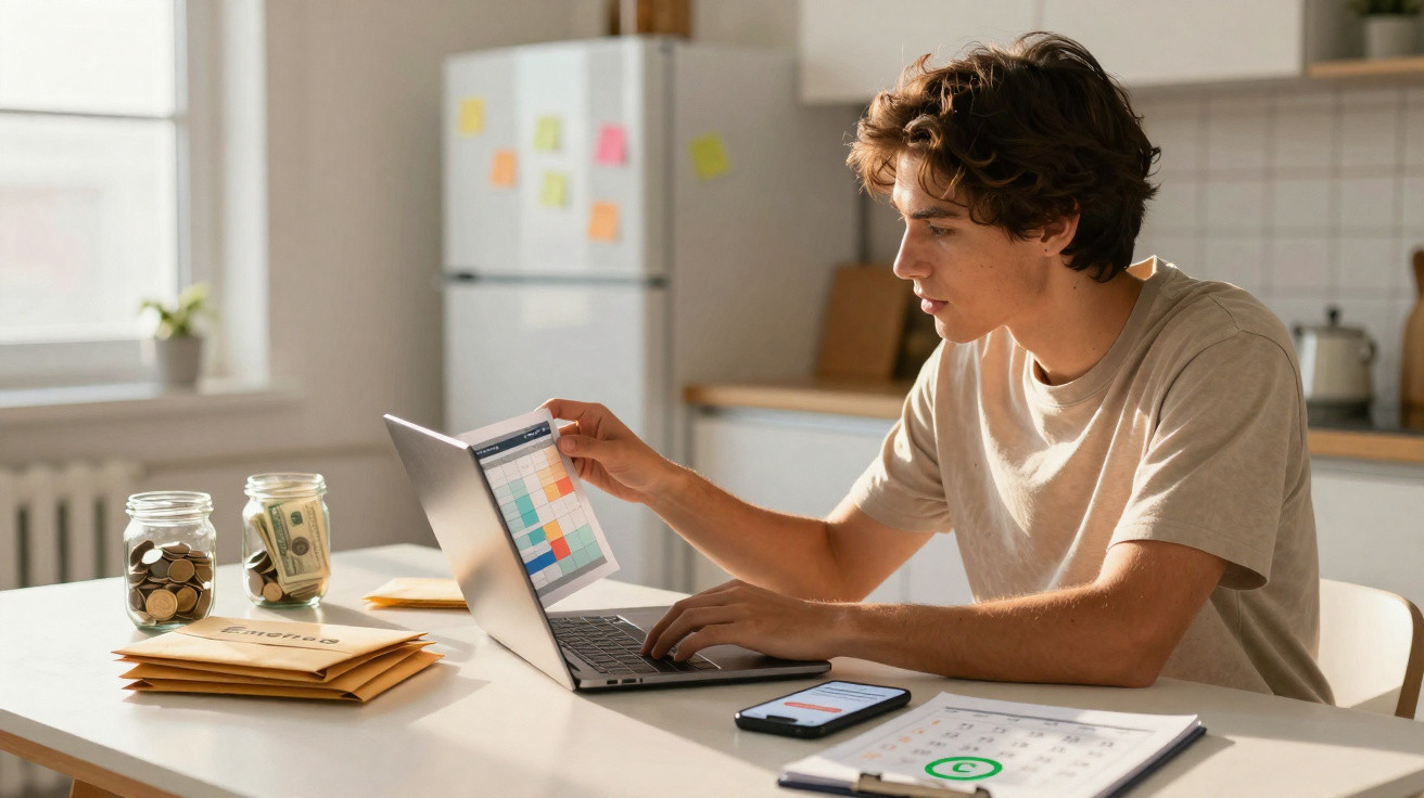 Young man budgeting finances using laptop and calendar at kitchen table with coins and cash jars.