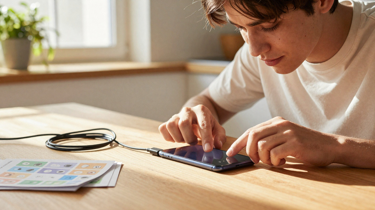 Young man in white t-shirt interacting with a touchscreen smartphone on a wooden table near a window.